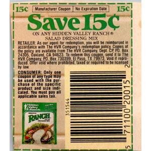 Save 15¢ On Hidden Valley Ranch Salad Dressing El Paso TX 1980s Coupon SAI1-M5